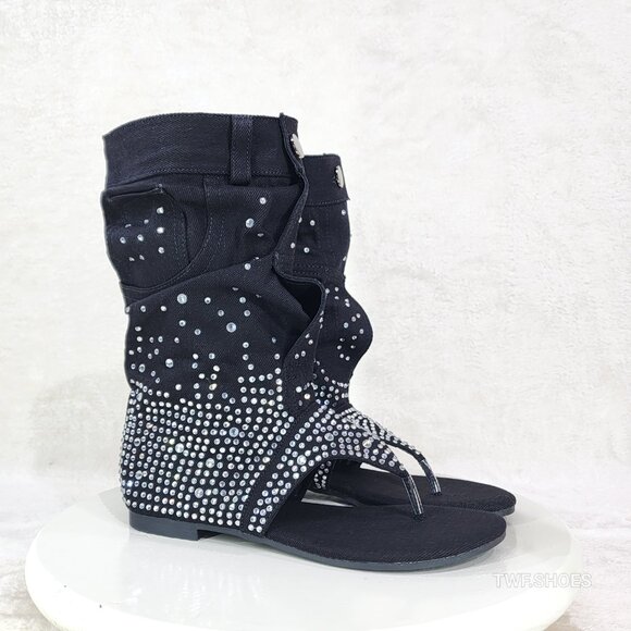 Cape Robbin Shoes - Perplex Black Denim & Rhinestones Sandal Slouch Boots Shooties